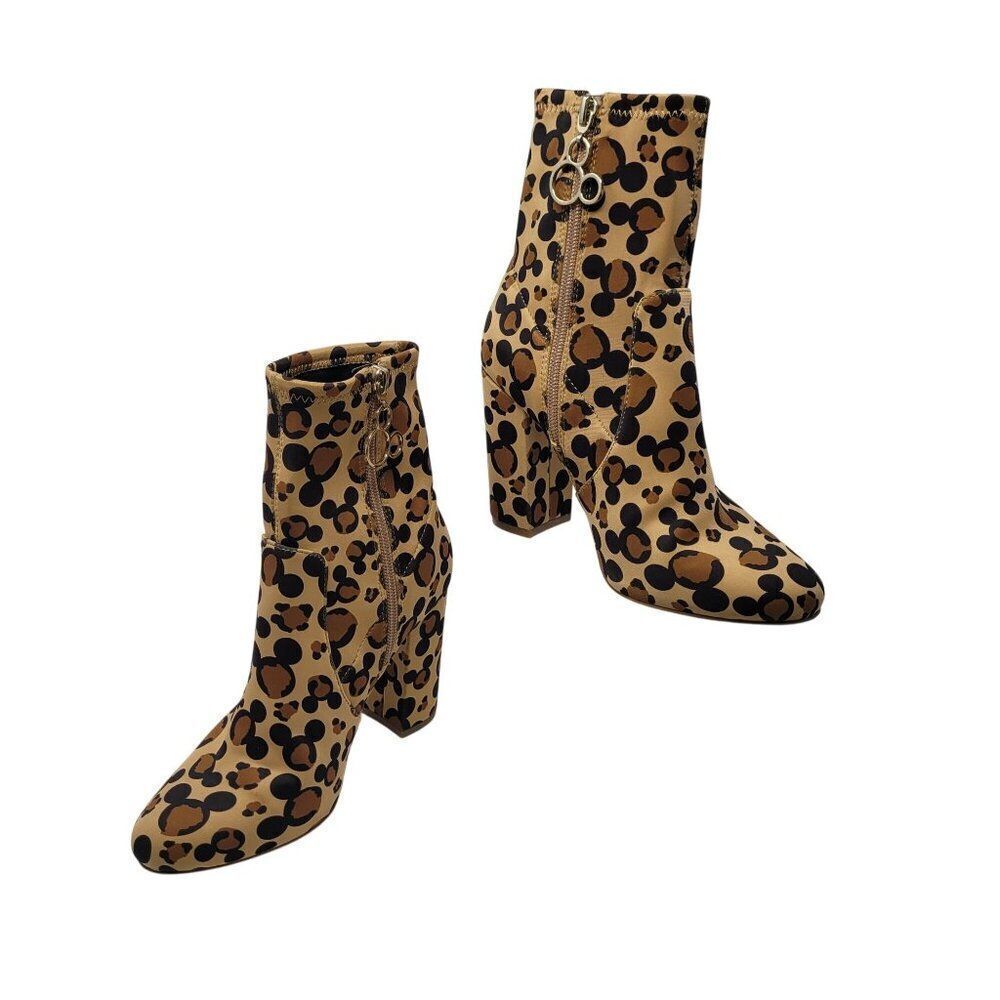 Disney X Aldo Step In Magic Leopard Chunky Heel Sock Bootie 6 Brown Mickey Boots